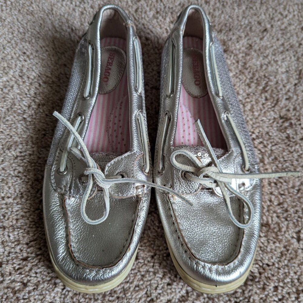 Sebago Boat Shoes Womens Sz 8 Gold Leather Sequins Metallic Nautical Moc Tie